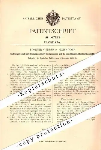 Original Patent - Edmund Gerber in Hohndorf i.S. , 1902 , Kartenspielblock mit Geldkästchen , Skat , Kartenspiel !!!