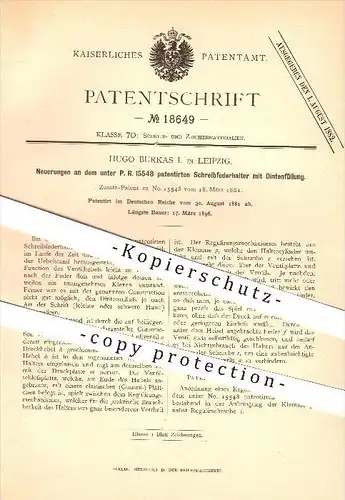 original Patent - Hugo Burkas I. in Leipzig , 1881 , Schreibfederhalter mit Tintenfüllung , Schreibwaren , Federhalter !