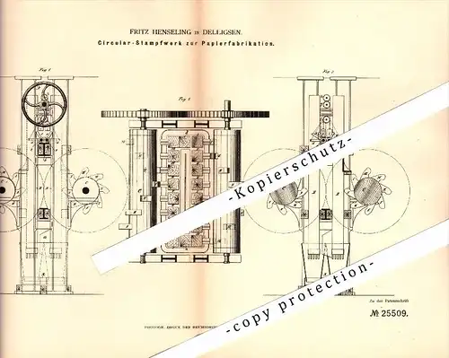 Original Patent - Fritz Henseling in Delligsen , 1883 , Circular-Stampfwerk für Papier , Papierfabrik !!!