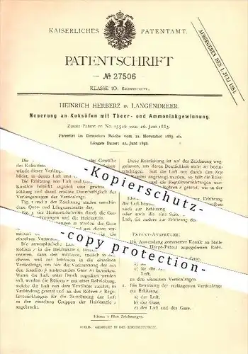original Patent - Heinrich Herberz in Langendreer b. Bochum , 1883 , Koksöfen mit  Ammoniakgewinnung , Brennstoffe  !!!