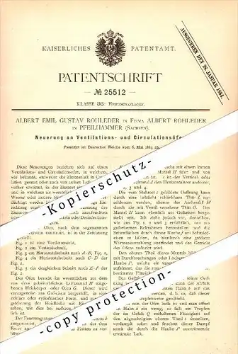 Original Patent - A.E. Rohleder in Pfeilhammer b. Schwarzenberg , 1883 , Ventilations- und Circulationsöfen !!!