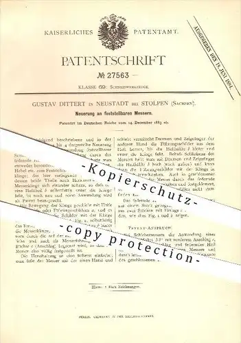 original Patent - Gustav Dittert in Neustadt b. Stolpen  , 1833 , Neuerung an feststellbaren Messern !!!