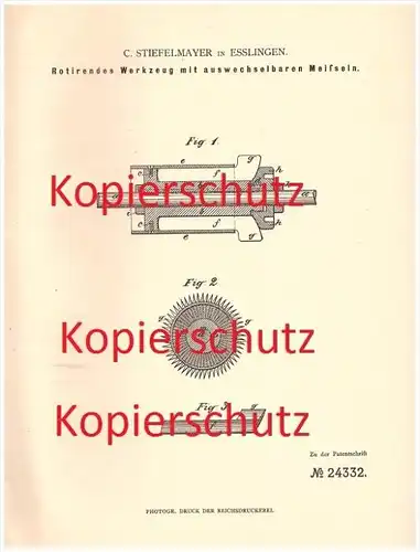 original Patent - C. Stieffelmayer in Esslingen , 1883 , Rotierendes Werkzeug mit auswechselbaren Meisseln !!!