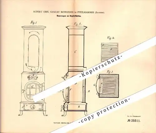 Original Patent - A.E. Rohleder in Pfeilhammer b. Schwarzenberg , 1883 , Regulier-Füllofen !!!