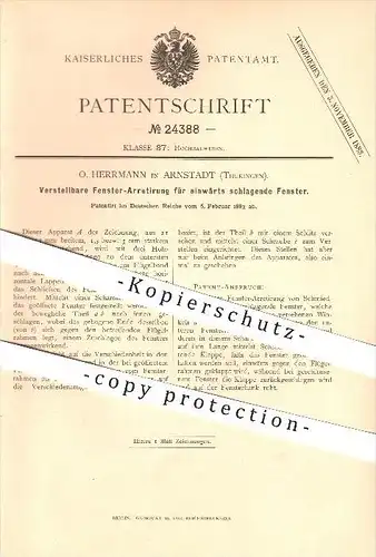 original Patent - O. Herrmann in Arnstadt , 1883 , Verstellbare Fenster-Arretierung für einwärts schlagene Fenster !!!