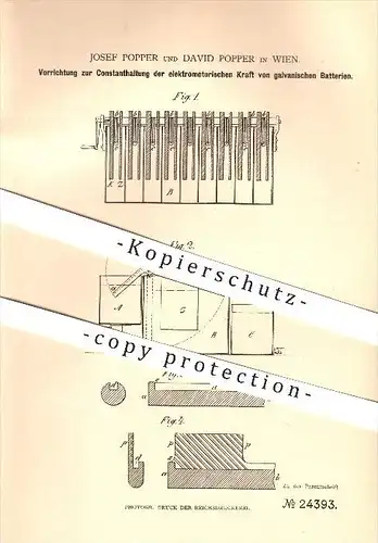 original Patent - Josef & David Popper in Wien , 1883 , Konstanthaltung der elektromotorischen Kraft von Batterien !!!