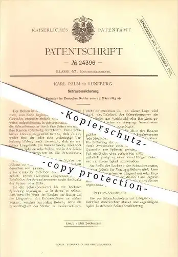 original Patent - Karl Palm in Lüneburg , 1883 , Schraubensicherung , Schrauben , Bolzen , Schlosser !!!