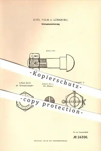 original Patent - Karl Palm in Lüneburg , 1883 , Schraubensicherung , Schrauben , Bolzen , Schlosser !!!