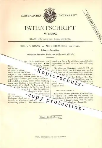 original Patent - Bruno Beck in Nordhausen am Harz , 1881 , Pulverkraftmaschine !!!