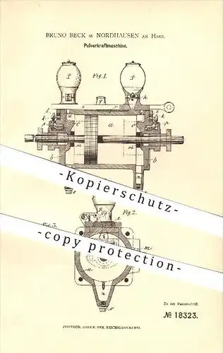 original Patent - Bruno Beck in Nordhausen am Harz , 1881 , Pulverkraftmaschine !!!