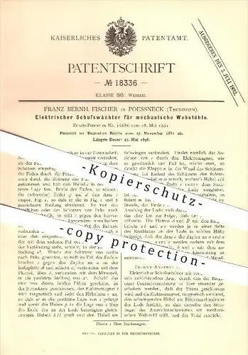 original Patent - Franz Bern. Fischer in Pössneck , 1881 , Elektrischer Schusswächter für mechanische Webstühle !!!
