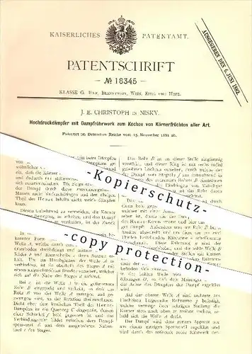 original Patent - J. E. Christoph in Niesky , 1881 , Hochdruckdämpfer zum Kochen von Körnerfrüchten !!!