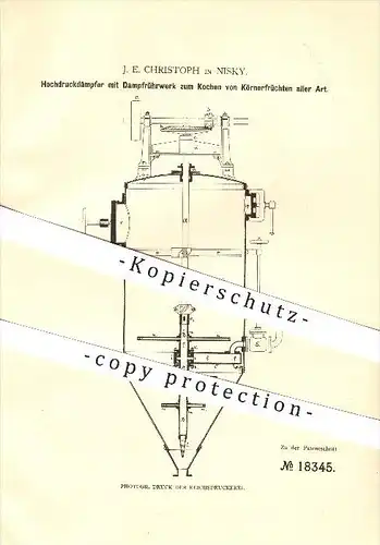original Patent - J. E. Christoph in Niesky , 1881 , Hochdruckdämpfer zum Kochen von Körnerfrüchten !!!