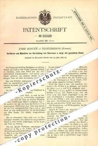 Original Patent - Josef Schlick in Klostergrab / Hrob , Böhmen , 1883 , Herstellung von Glasvasen , Glas  !!!