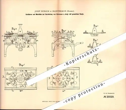 Original Patent - Josef Schlick in Klostergrab / Hrob , Böhmen , 1883 , Herstellung von Glasvasen , Glas  !!!