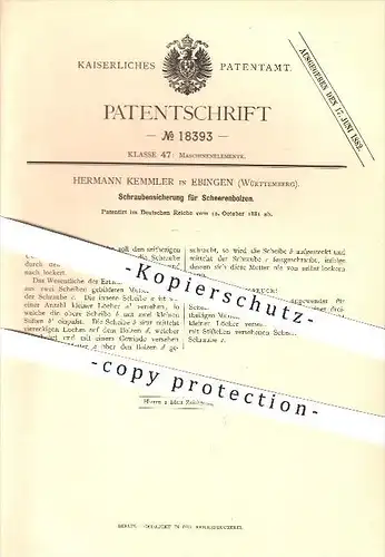 original Patent - Hermann Kemmler in Ebingen , 1881 , Schraubensicherung für Scherenbolzen , Schere , Scheren !!!