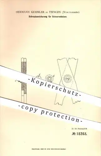 original Patent - Hermann Kemmler in Ebingen , 1881 , Schraubensicherung für Scherenbolzen , Schere , Scheren !!!