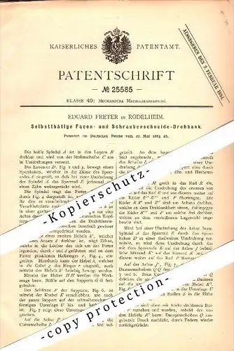 Original Patent - Eduard Freter in Rödelheim b. Frankfurt , 1883 , Schraubenschneide-Drehbank , Metallbau !!!