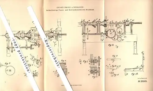 Original Patent - Eduard Freter in Rödelheim b. Frankfurt , 1883 , Schraubenschneide-Drehbank , Metallbau !!!