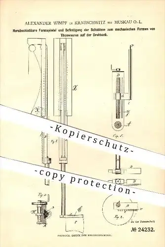 original Patent - Alexander Wimpf in Krauschwitz bei Bad Muskau , 1883 , Formspindel zum Formen von Tonwaren , Lausitz !