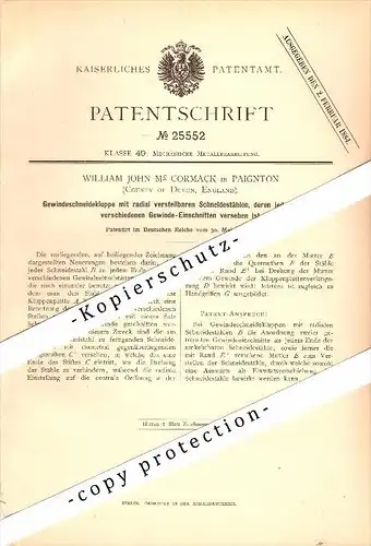 Original Patent - William John Mc Cormack in Paignton , 1883 , Taps , County of Devon  !!!