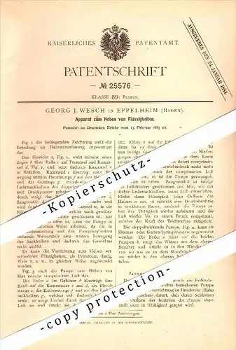 Original Patent - Georg J. Wresch in Eppelheim , 1883 , Apparat zum Heben von Flüssigkeiten !!!