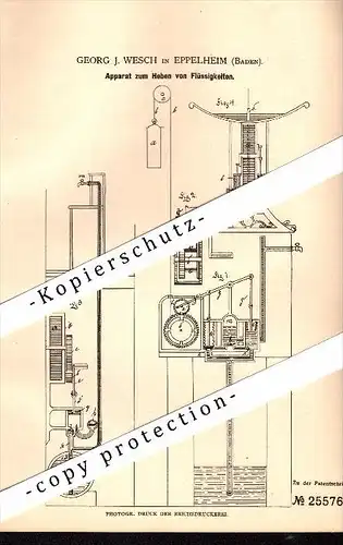 Original Patent - Georg J. Wresch in Eppelheim , 1883 , Apparat zum Heben von Flüssigkeiten !!!