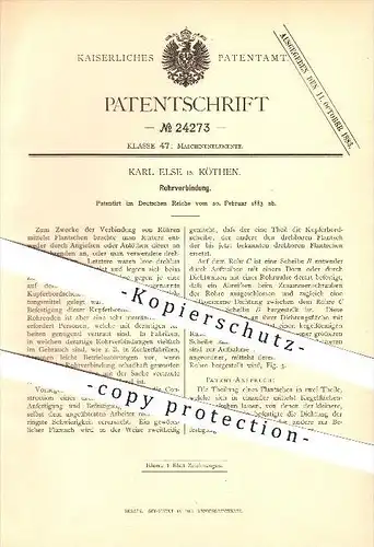 original Patent - Karl Else in Köthen , 1883 , Rohrverbindung , Rohr !!!