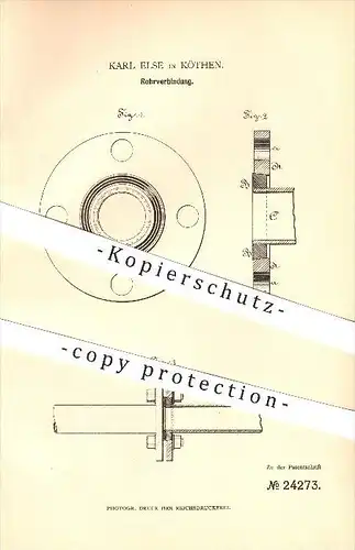 original Patent - Karl Else in Köthen , 1883 , Rohrverbindung , Rohr !!!