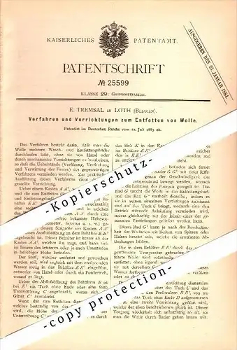 Original Patent - E. Tremsal in Loth , Belgien , 1883 , Apparat zum Entfetten von Wolle !!!