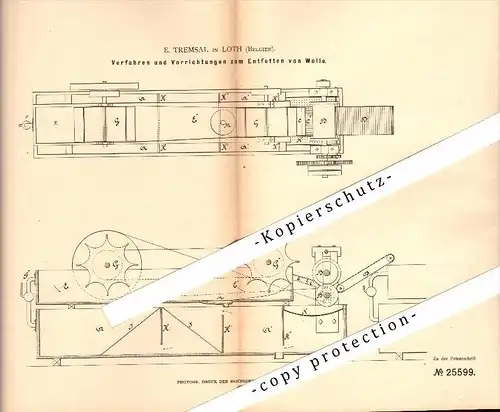 Original Patent - E. Tremsal in Loth , Belgien , 1883 , Apparat zum Entfetten von Wolle !!!