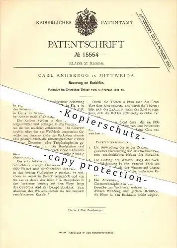 original Patent - Carl Anderegg in Mittweida , 1881 , Neuerung an Backöfen , Bäcker , Bäckerei , Haushalt !!!