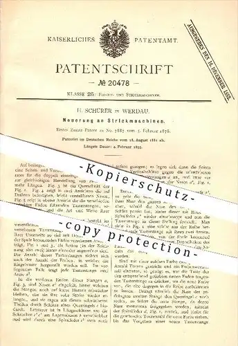 original Patent - H. Schürer in Werdau , 1881 , Neuerung an Strickmaschinen , Stricken !!!