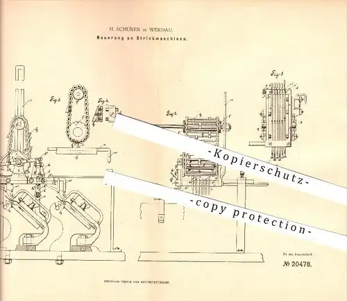 original Patent - H. Schürer in Werdau , 1881 , Neuerung an Strickmaschinen , Stricken !!!