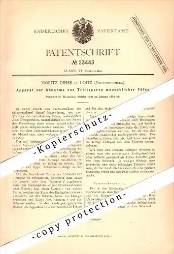 Original Patent - Moritz Dinse in Loitz in Mecklenburg , 1883 , Apparat zur Abnahme von Fußspuren , Schuhmacher !!!