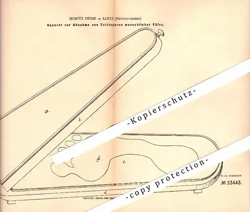 Original Patent - Moritz Dinse in Loitz in Mecklenburg , 1883 , Apparat zur Abnahme von Fußspuren , Schuhmacher !!!