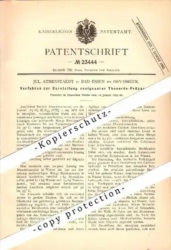 Original Patent - Jul. Athenstaedt in Bad Essen b. Osnabrück , 1883 , Darstellung essigsaurer Thonerde !!!