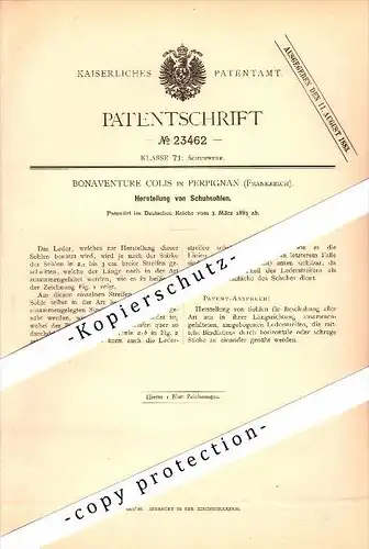 Original Patent - Bonaventure Colis à Perpignan , 1883 , La production de semelles de chaussures !!!