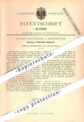 Original Patent - Alfred Baltzinger à Monsweiler / Monswiller , 1882 , Régulateur pour moteur !!!