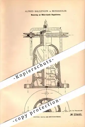 Original Patent - Alfred Baltzinger à Monsweiler / Monswiller , 1882 , Régulateur pour moteur !!!