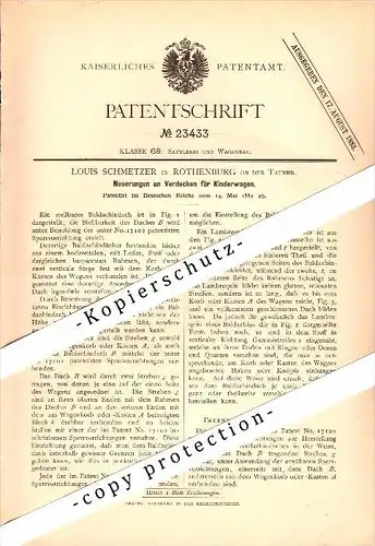 Original Patent - Louis Schmetzer in Rothenburg ob der Tauber , 1882 , Verdecke für Kinderwagen !!!
