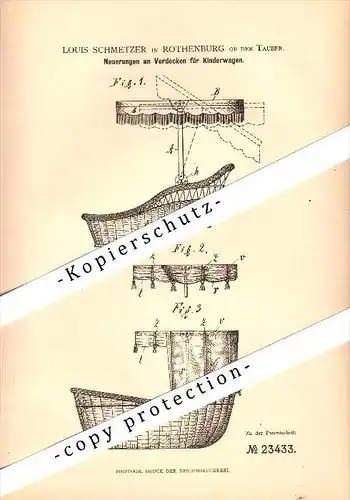 Original Patent - Louis Schmetzer in Rothenburg ob der Tauber , 1882 , Verdecke für Kinderwagen !!!