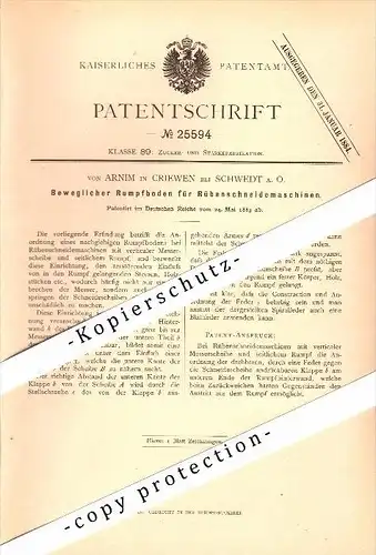 Original Patent - von Arnim in Criewen b. Schwedt a.O., 1883 , Rübenschneidemaschine , Landwirtschaft !!!
