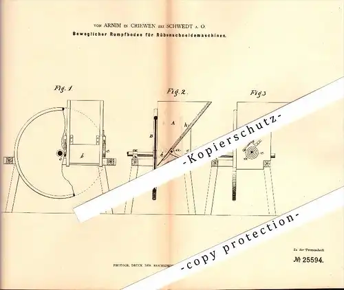 Original Patent - von Arnim in Criewen b. Schwedt a.O., 1883 , Rübenschneidemaschine , Landwirtschaft !!!