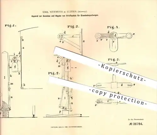 original Patent - Emil Wermuth in Luzern , 1883 , Aufnahme u. Abgabe von Briefbeuteln für Eisenbahnpostwagen , Eisenbahn