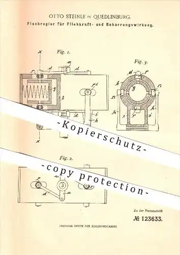 original Patent - Otto Steinle in Quedlinburg , 1901 , Flachregler für Fliehkraft- und Beharrungswirkung !!!