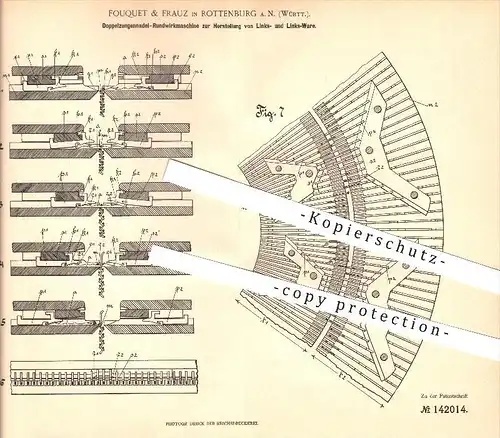 original Patent - Fouquet & Frauz in Rottenburg a. N. , 1902 , Doppelzungennadel-Rundwirkmaschine , Stricken , Nähen !!!