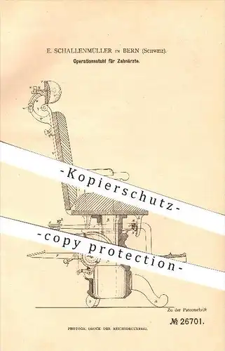 original Patent - E. Schallenmüller in Bern , 1883 , Operationsstuhl für Zahnärzte , Zahnarzt , Medizin !!!