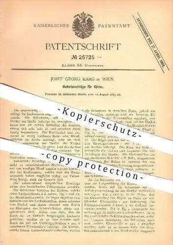 original Patent - Josef Georg Karg in Wien , 1883 , Metallbeschläge für Körbe , Korbwaren !!!