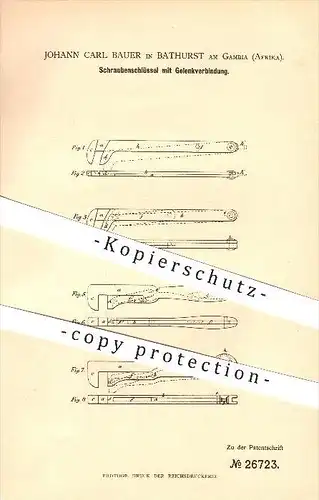 original Patent - J.C. Bauer in Bathurst am Gambia , Afrika , 1883 , Schraubenschlüssel mit Gelenkverbindung , Banjul !!